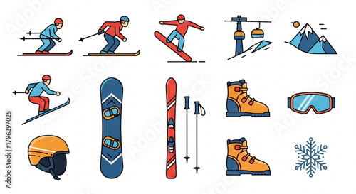 Winter sports equipment icons set, featuring skier, snowboarder, ski lift, mountain, boot, goggle, helmet, snowflake