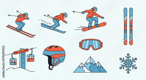 Winter sports equipment icons set, featuring skier, snowboarder, ski lift, mountain, boot, goggle, helmet, snowflake
