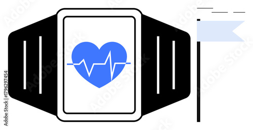 Blue heart with lifeline on smartwatch screen symbolizes health tracking. Black wristband and flag suggest activity goals, wellness, and progress. Ideal for fitness, healthcare, monitoring, wellness