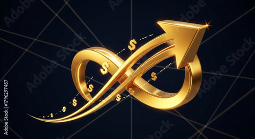 Golden arrow with dollar signs spiraling upwards on a dark background, symbolizing financial growth, investment success, and the potential for unlimited profit