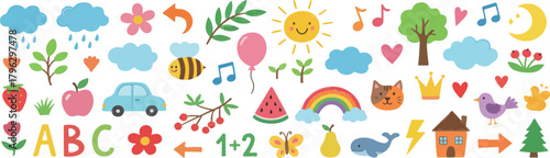 Cute Cartoon Elements for Kids Education and Decoration | Childlike Clipart Set with ABC, Animals, Weather and Nature for School Projects, Playful Designs and Nursery Decor