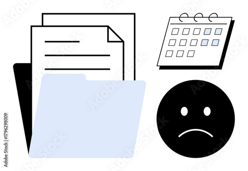 Folder with multiple papers, calendar indicating scheduled tasks or deadlines, and a sad face expressing stress. Ideal for time management, task planning, productivity issues, deadline pressure