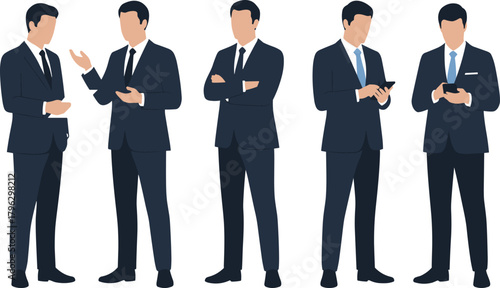 Businessmen in suits standing and discussing, professional men using smartphones, teamwork concept, office communication, corporate meeting illustration, vector design
