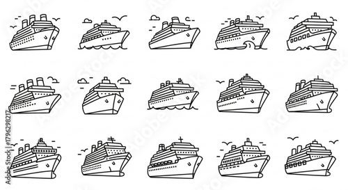 Collection of cruise ship illustrations, showcasing various angles and styles of ocean liners, perfect for travel and vacation themes