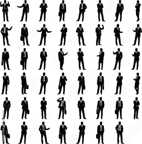 Businessmen silhouettes in corporate poses standing, walking, presenting, and communicating, professional business illustration for office, leadership, teamwork, and corporate concept designs