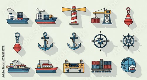 Set of flat design icons related to sea transport and maritime activities, including cargo ships, lighthouse, crane, buoy, anchor, compass, wheel, pier, and globe