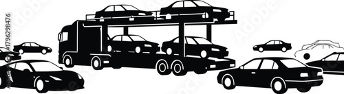 Car transporter truck carrying multiple vehicles on highway, black silhouette illustration of automobile transport, shipping, logistics, and delivery service