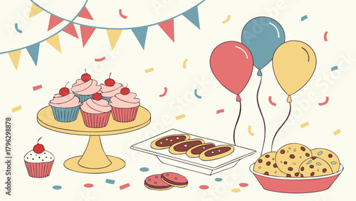 Celebration party with cupcakes balloons cookies and confetti for birthday party and special occasion event