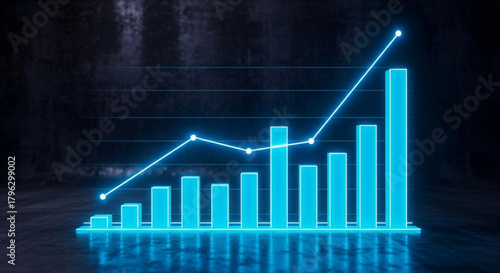 A vibrant blue bar graph with an upward trend line, illuminated against a dark, textured background, symbolizing growth and financial success