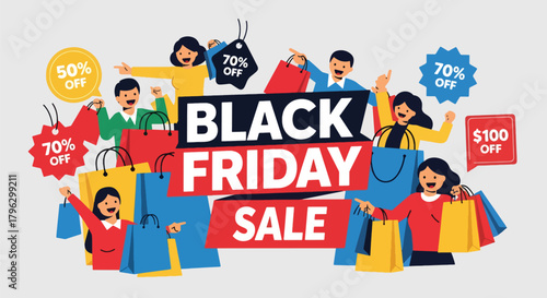 Flat vector illustration of huge Black Friday sale banner with shoppers, discount tags, balloons, and shopping bags. Solid bold colors, clean layout, no gradients, modern retail promotion scene