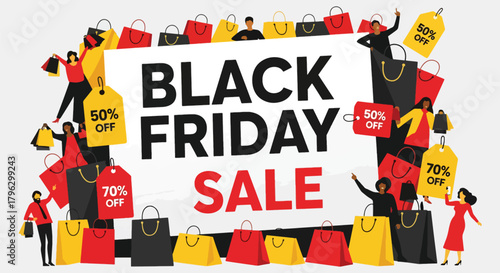 Flat vector illustration of huge Black Friday sale banner with shoppers, discount tags, balloons, and shopping bags. Solid bold colors, clean layout, no gradients, modern retail promotion scene