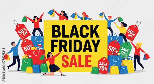 Flat vector illustration of huge Black Friday sale banner with shoppers, discount tags, balloons, and shopping bags. Solid bold colors, clean layout, no gradients, modern retail promotion scene