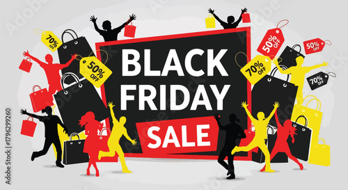 Flat vector illustration of huge Black Friday sale banner with shoppers, discount tags, balloons, and shopping bags. Solid bold colors, clean layout, no gradients, modern retail promotion scene