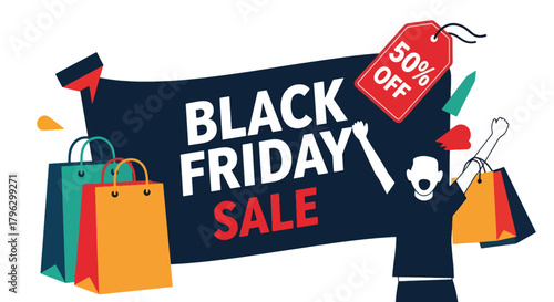 Flat vector illustration of huge Black Friday sale banner with shoppers, discount tags, balloons, and shopping bags. Solid bold colors, clean layout, no gradients, modern retail promotion scene