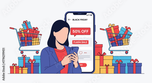 Flat vector illustration of user browsing Black Friday deals on smartphone with sale labels, cart icon, and gift boxes. Solid tones, clean UI shapes, no gradients, modern e-commerce scene