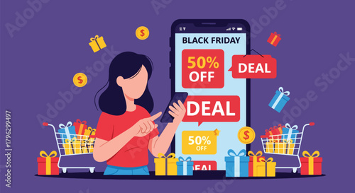 Flat vector illustration of user browsing Black Friday deals on smartphone with sale labels, cart icon, and gift boxes. Solid tones, clean UI shapes, no gradients, modern e-commerce scene