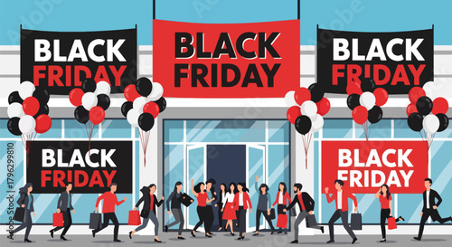Flat vector illustration of retail store entrance decorated with large Black Friday discount banners, balloons, and customers entering. Solid bright tones, no gradients, festive shopping ambiance