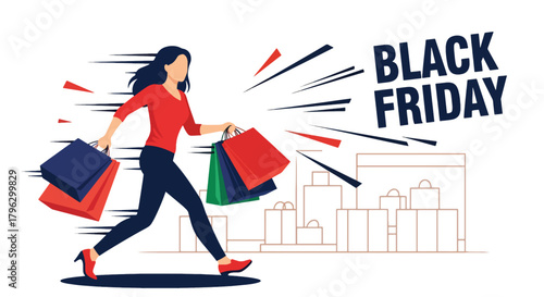 Flat vector illustration of woman running happily with multiple shopping bags during Black Friday sale. Solid vibrant colors, clean expressive shapes, no gradients, energetic retail action scene