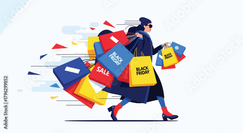 Flat vector illustration of woman running happily with multiple shopping bags during Black Friday sale. Solid vibrant colors, clean expressive shapes, no gradients, energetic retail action scene
