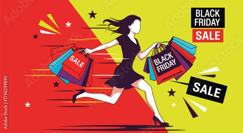 Flat vector illustration of woman running happily with multiple shopping bags during Black Friday sale. Solid vibrant colors, clean expressive shapes, no gradients, energetic retail action scene