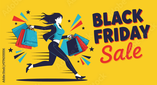 Flat vector illustration of woman running happily with multiple shopping bags during Black Friday sale. Solid vibrant colors, clean expressive shapes, no gradients, energetic retail action scene