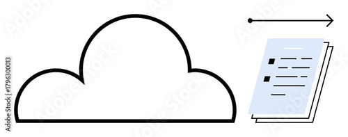 Cloud outline with an arrow indicating file transfer towards documents. Ideal for data transfer, online storage, cloud computing, file sharing, technology processes, digital solutions, simple flat