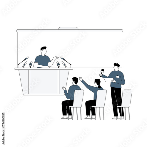 Official spokesperson making a public announcement at a press conference with journalists