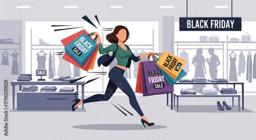 Flat vector illustration of woman running happily with multiple shopping bags during Black Friday sale. Solid vibrant colors, clean expressive shapes, no gradients, energetic retail action scene