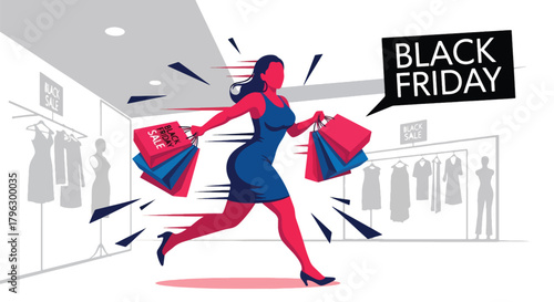 Flat vector illustration of woman running happily with multiple shopping bags during Black Friday sale. Solid vibrant colors, clean expressive shapes, no gradients, energetic retail action scene