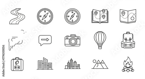 Set of outline icons representing travel and adventure, including a road, compass, map, camera, hot air balloon, and backpack