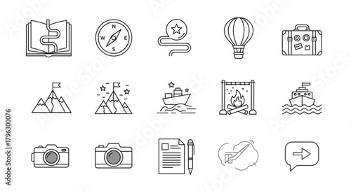 Collection of linear icons depicting travel and adventure themes, including a map, compass, hot air balloon, suitcase, and camera