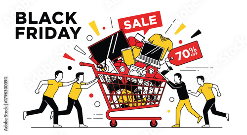 Flat vector illustration of shopping cart filled with sale items, price tags, and product boxes. Solid bright palette, clean shape language, no gradients, energetic Black Friday shopping scene
