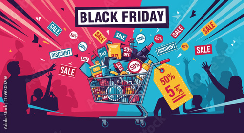 Flat vector illustration of shopping cart filled with sale items, price tags, and product boxes. Solid bright palette, clean shape language, no gradients, energetic Black Friday shopping scene