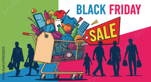 Flat vector illustration of shopping cart filled with sale items, price tags, and product boxes. Solid bright palette, clean shape language, no gradients, energetic Black Friday shopping scene