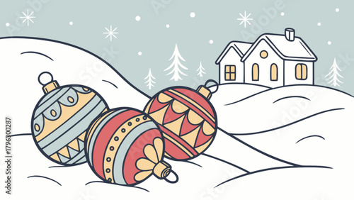 Winter christmas scene with ornaments and house in snow landscape holiday season festive decoration, 100 chars