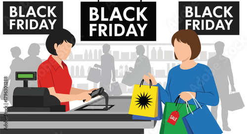 Flat vector illustration of cashier scanning items while customer holds full shopping bags. Solid modern palette, clean geometry, no gradients, lively retail checkout atmosphere