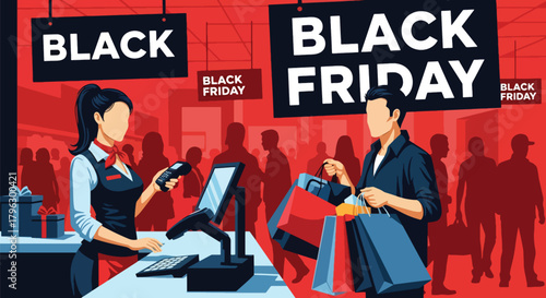 Flat vector illustration of cashier scanning items while customer holds full shopping bags. Solid modern palette, clean geometry, no gradients, lively retail checkout atmosphere