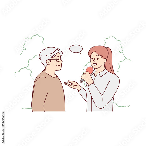 Professional female reporter interviewing an elderly man, engaging in communication and discussion