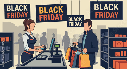 Flat vector illustration of cashier scanning items while customer holds full shopping bags. Solid modern palette, clean geometry, no gradients, lively retail checkout atmosphere