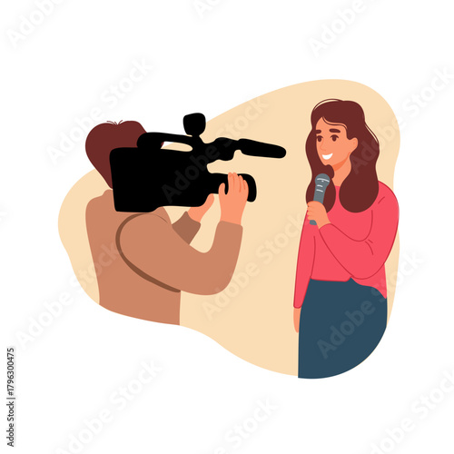 Live broadcast scene with a female journalist and a professional camera operator