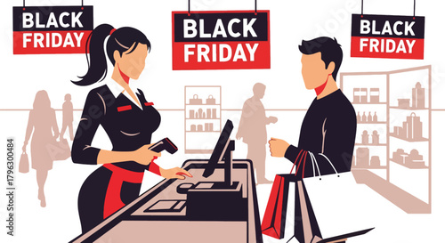 Flat vector illustration of cashier scanning items while customer holds full shopping bags. Solid modern palette, clean geometry, no gradients, lively retail checkout atmosphere