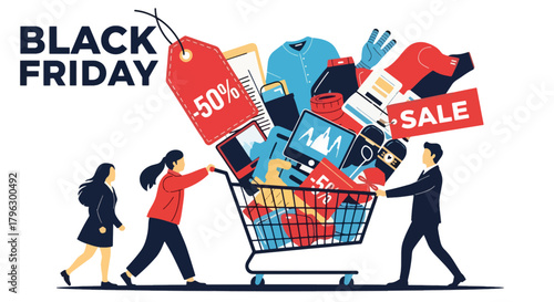 Flat vector illustration of shopping cart filled with sale items, price tags, and product boxes. Solid bright palette, clean shape language, no gradients, energetic Black Friday shopping scene
