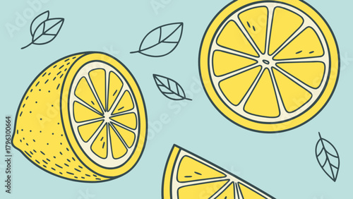 Fresh lemon slices and leaves vector illustration for summer citrus fruit design and healthy eating concept