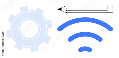Minimalist pencil, gear, and wireless signal elements symbolizing innovation, creativity, technology, and communication. Ideal for digital transformation, remote work, networking education