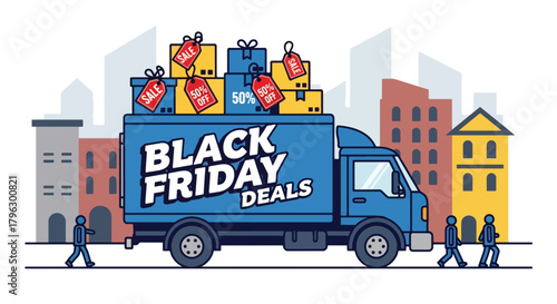 Flat vector illustration of delivery truck carrying sale packages with discount stickers. Solid bold palette, clean shapes, no gradients, fast shipping and e-commerce theme