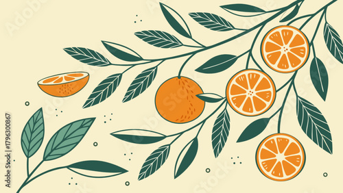 Botanical orange tree branch illustration with fresh citrus fruits and green leaves vector design art print