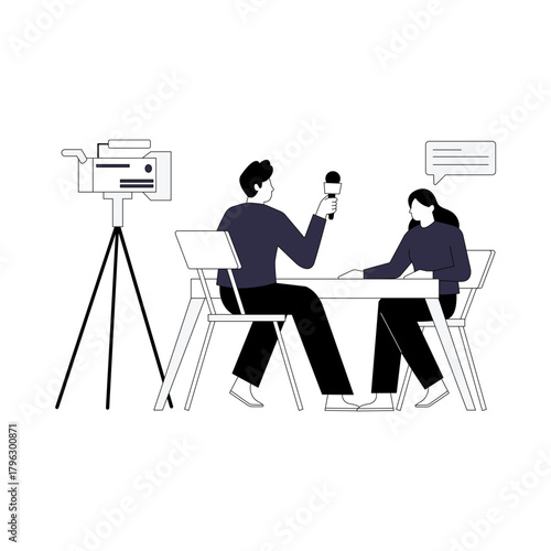 Two people interviewing with microphones and camera on tripod