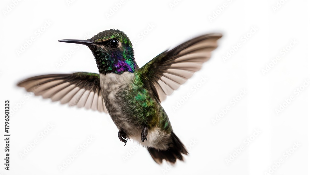 Fototapeta premium Beautiful iridescent hummingbird in mid-flight with wings spread wide isolated on a clean white background.