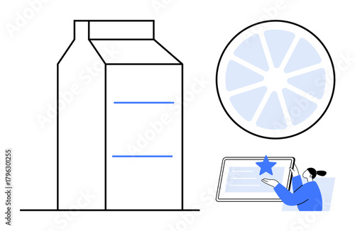 Minimalist milk carton, citrus wheel, and person with tablet, signifying food, quality check, health, evaluation, freshness nutrition and technology integration. Ideal for modern diet concepts in