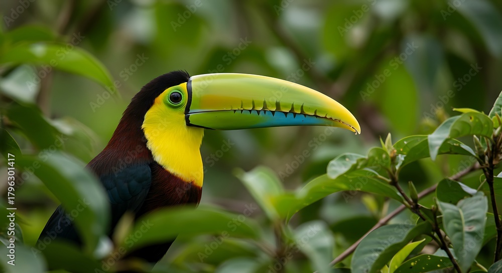 Obraz premium Colorful toucan amidst lush green foliage, showcasing a vibrant beak and plumage